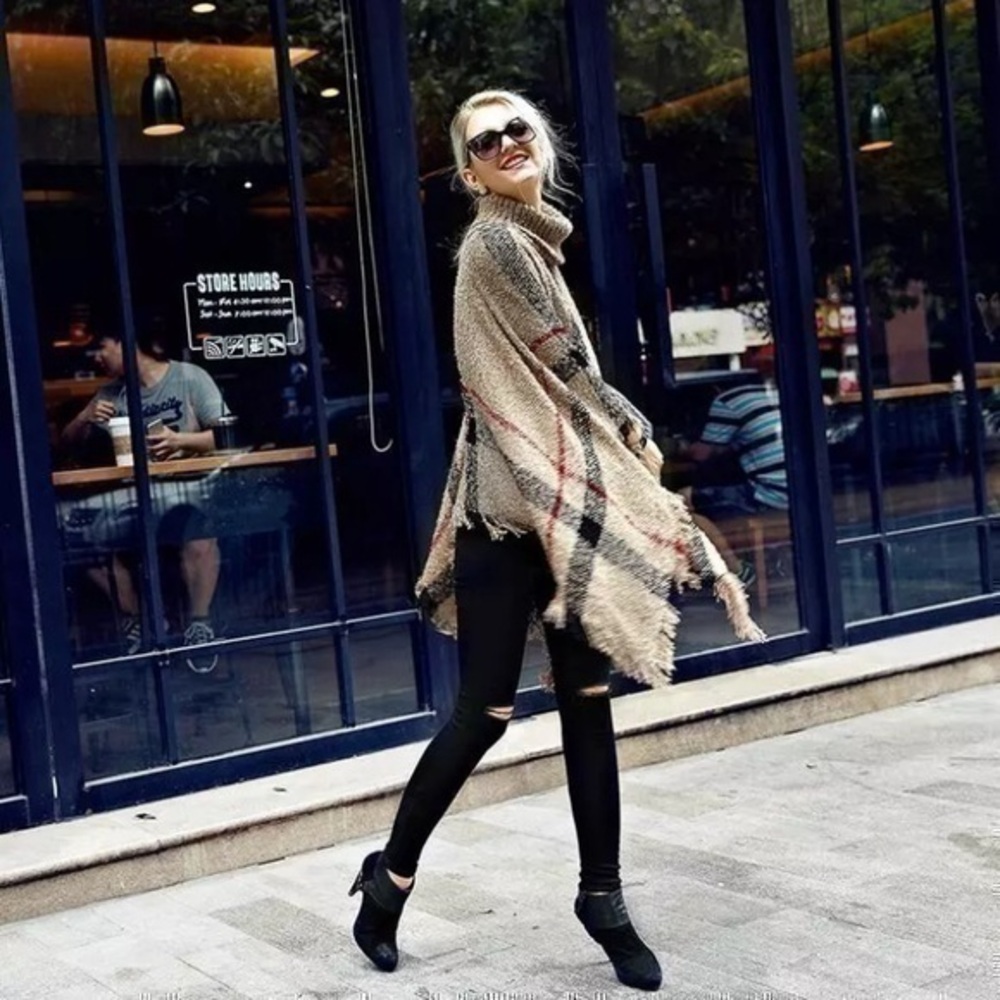 New Classic plaid knit turtleneck poncho, one size fits most